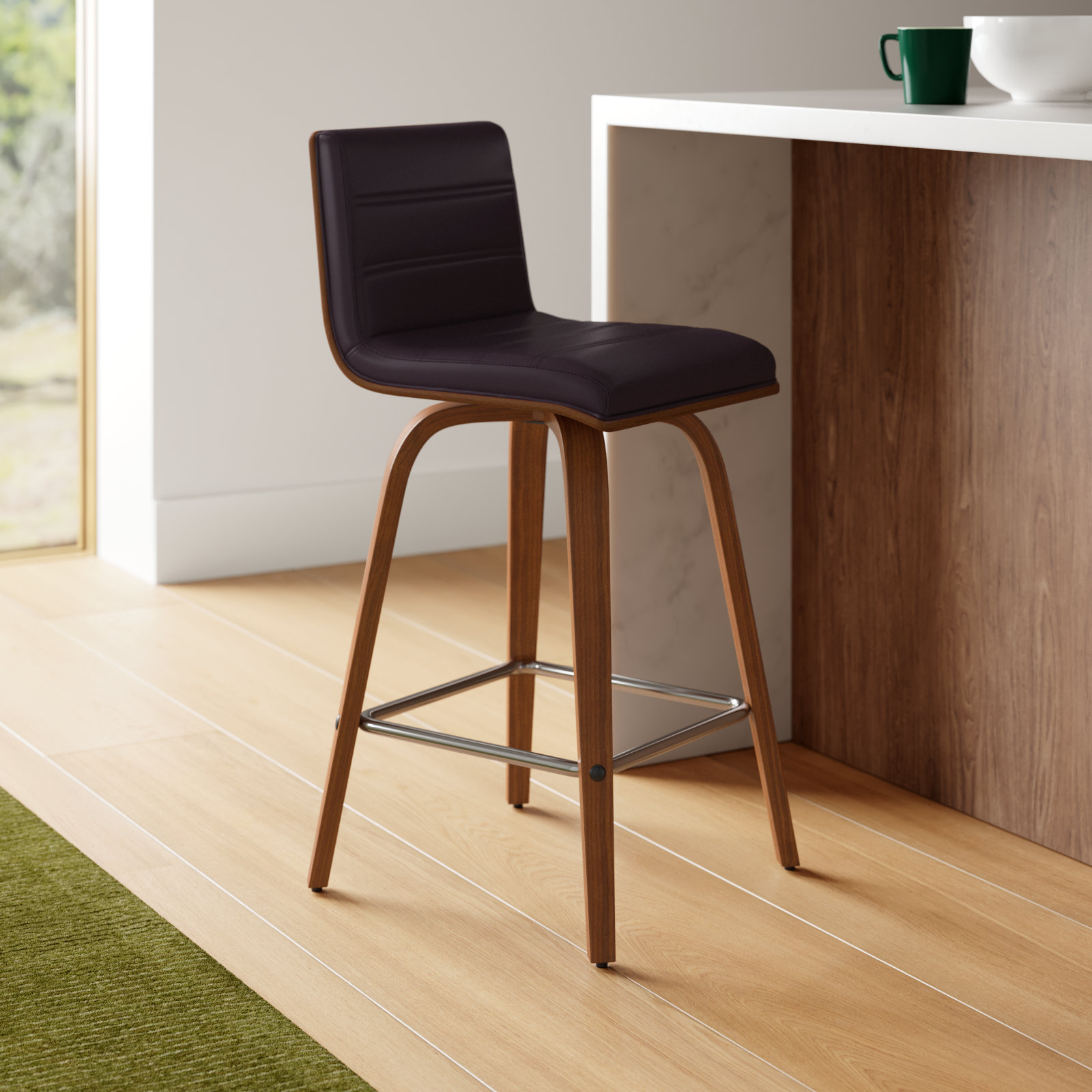 Biance Swivel Bar Stool, Brown Faux Leather, Counter Stool (26" Seat Height), Walnut