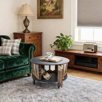 Table basse 31,5 pouces ronde à trois portes avec rangement, table basse moderne en placage de bois véritable