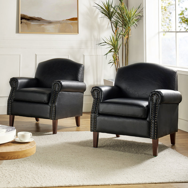 Mooresville 31" Traditional Faux Leather Armchair with Solid Wood Legs, Black Faux Leather