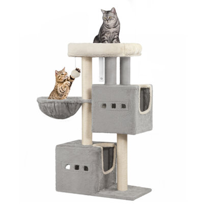 98cm Cat Tree, Cat Tower for Indoor Cats, Multi-Level Cats House Furniture with Scratching Post, 2 Caves, Large Platform, Scratching Ramp, Pompom