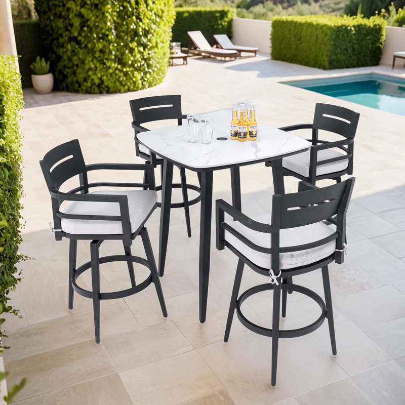 Ensemble de bar d'extérieur moderne avec structure en aluminium antirouille 5 pièces, table carrée en fritté et 4 chaises de bar pivotantes