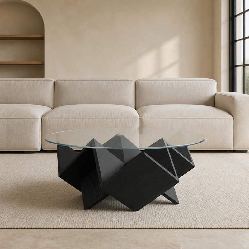 Table basse ronde avec plateau en verre trempé, base géométrique d'inspiration Art déco, tablettes de rangement intégrées
