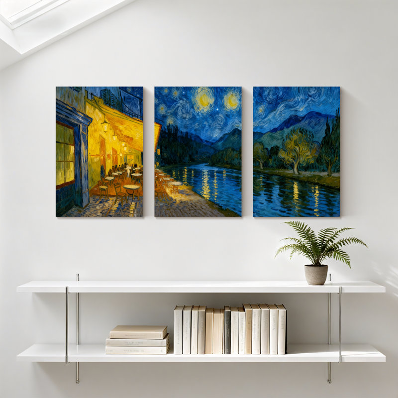 Abstrait Van Gogh, nuit, café, ciel étoilé, rivière, paysage, ensemble de 3 impressions sur toile, H 30 po x l 60 po