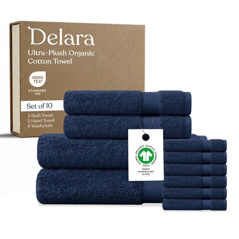Delara Organic Cotton Plush Towel Set of 10, GOTS & OEKO-TEX Certified, 650 GSM, Soft, Quick-Dry, Absorbent, Hotel Quality