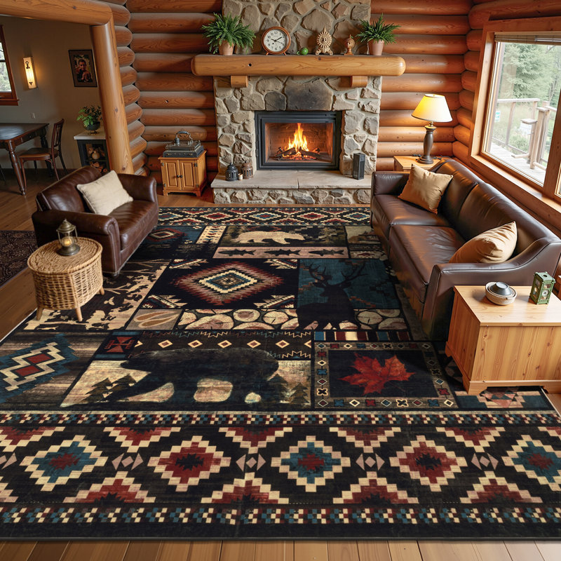 Tapis rustique lavable avec des cerfs, Rectangulaire 8 pi x 10 pi