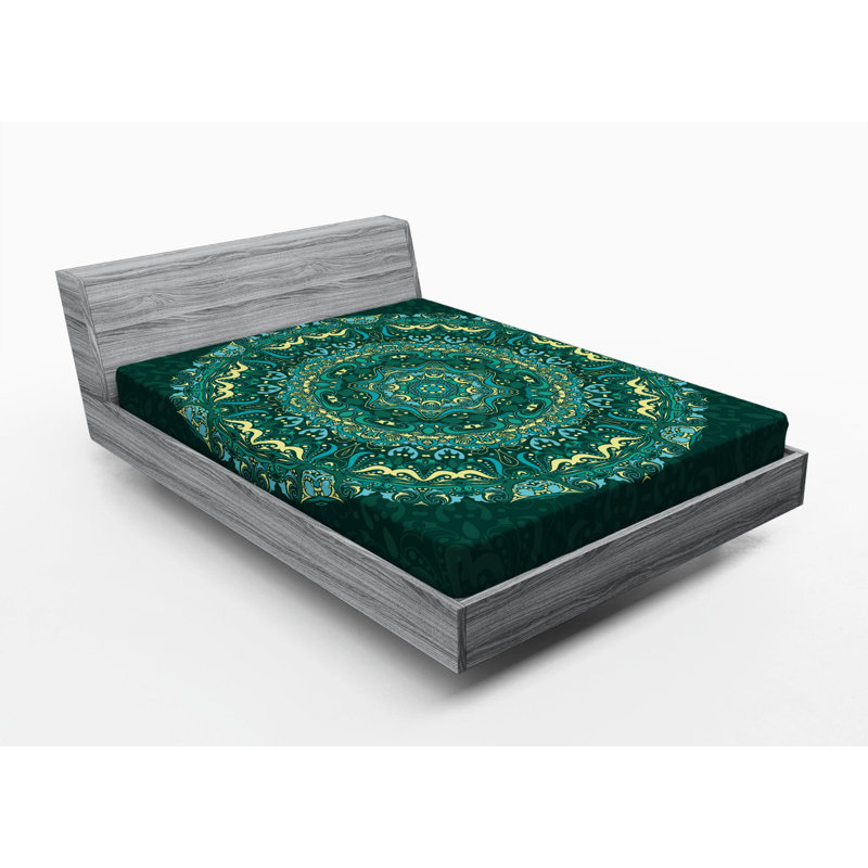 Microfiber Fitted Sheet, Queen Fitted Sheet, Green/Yellow Oriental 1