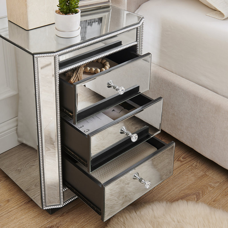 Table de chevet à 3 tiroirs avec table de chevet, table de bout moderne, table de chevet avec miroir, table d'appoint avec miroir pour le salon, la chambre à coucher et le vestibule l 17,7 po x P 13,8 po x H 23,6 po