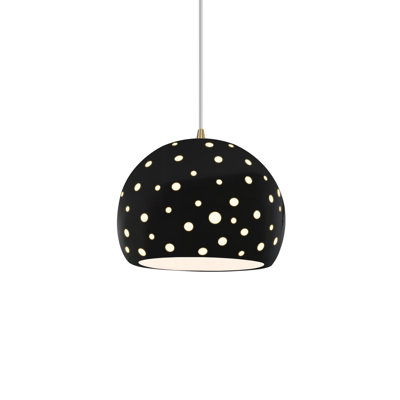 Perforated Globe 1-Light Pendant - Gloss Black - Antique Brass - 7"W x 6"H - Replaceable Bulb - White Cord