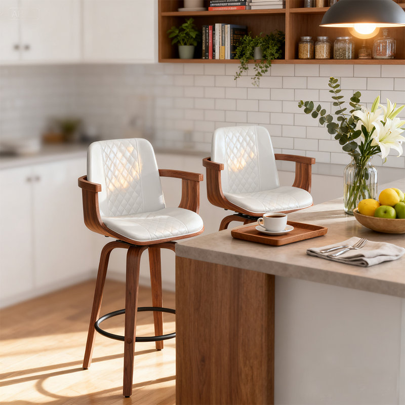 Modern 360° Swivel Bar Stools With Bentwood Armrests – PU Leather Cushioned Seat, High-Density Foam, Metal Footrest, Kitchen & Home Bar Seating
