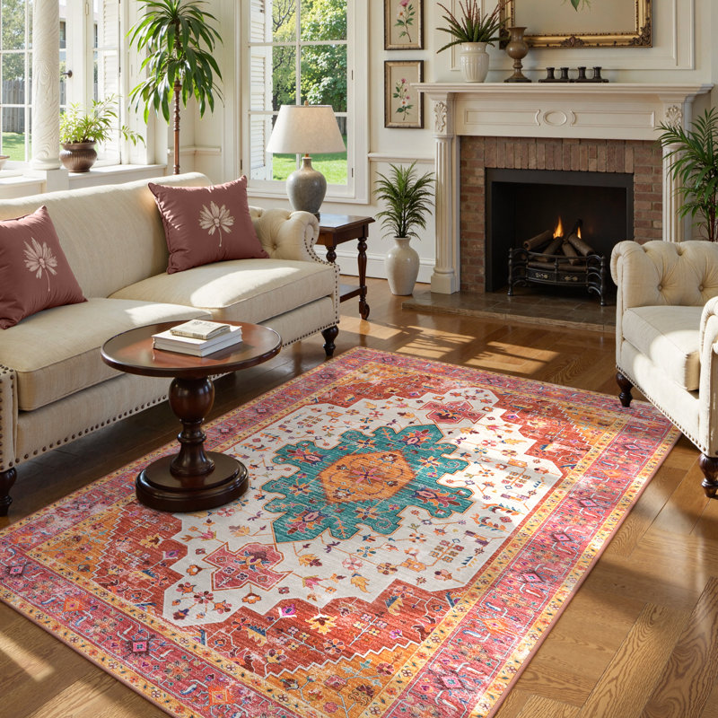 Govan Ultra-Thin Washable Vintage Area Rug Dining Room Rug for Bedroom, Non-Shed Living Room Mat, Indoor Oriental Medallion Hardwood Floor Carpet for Office Home Decor