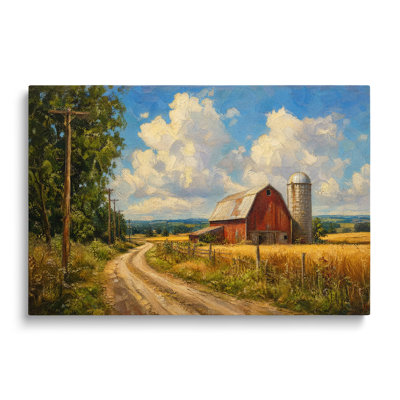 Reproduction sur toile d'une peinture représentant une grange rouge et un silo, sur une route de campagne - 50 x 75 cm