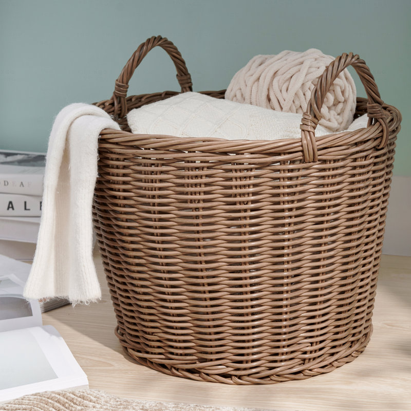Round Cone Woven Resin Wicker Basket With Handles- Chocolate Brown - For Clothes, Towels, Canvas, Toys, Magazine Storage And Home Decoration