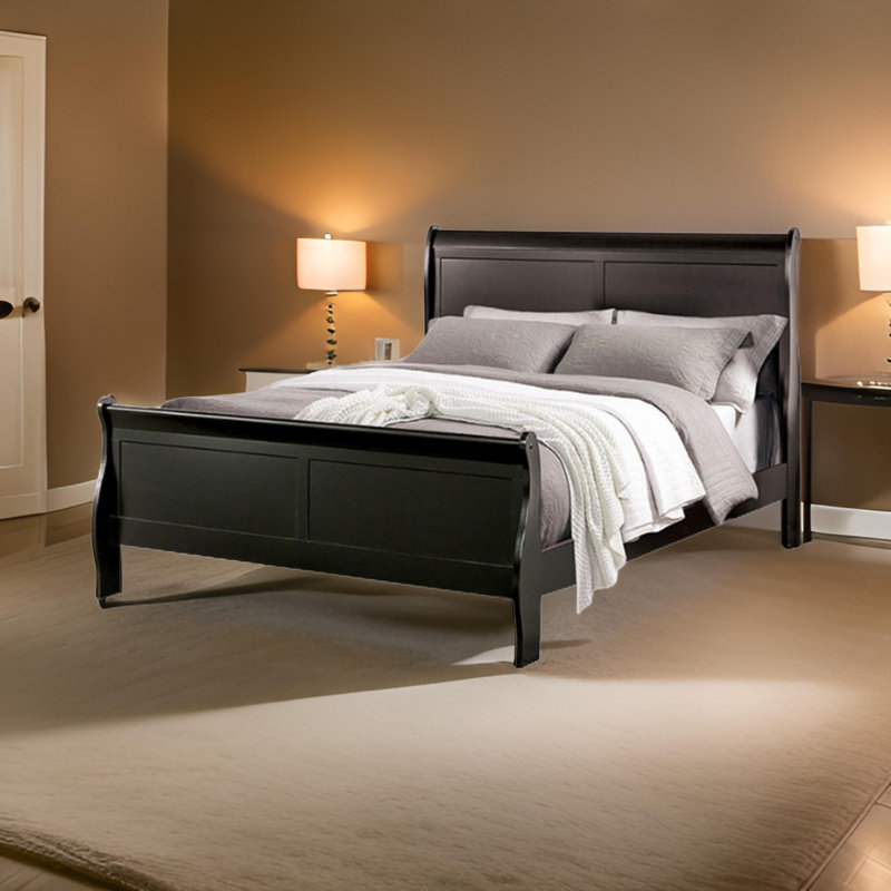 Ryla Bed, Sleigh Panel Headboard, Classic Solid Wood, Queen, Black