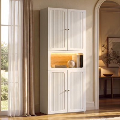 Flexmod 78.1" H White Tall Pantry Cabinet with 2 Doors, Open Display Shelf & Built-in LED Lighting, Easy Assembly