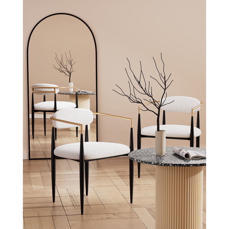 Metal Upholstered Dining Chairs, Beige Boucle, Black