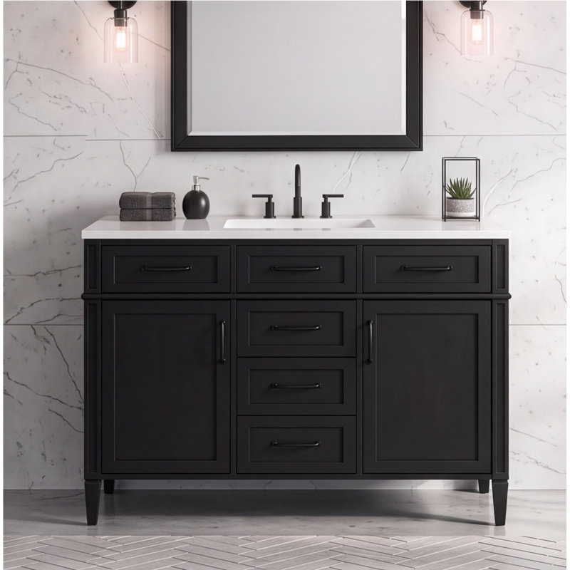 Meuble-lavabo autoportant de 48 pouces avec comptoir en composite, 4 tiroirs, 2 portes et tablettes réglables, noir
