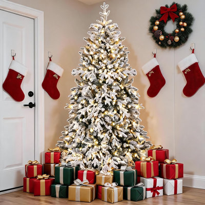Sapin de Noël artificiel floqué de Canaan de 1,83 m (6 pi), pré-illuminé, en PE et PVC, 1025 branches, 260 lumières multifonctions, vert