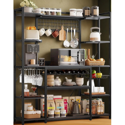 Industrial Bakers Rack With 3 Power Outlets, 62-Inch Wide Countertop, Microwave Stand, Coffee Bar With Storage Shelves, Wine Rack And Wire Basket