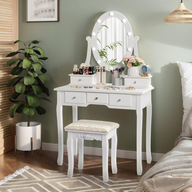  White Vanity Set with LED Mirror & Stool – Stylish Storage for Your Beauty Routine