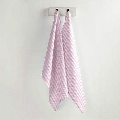 Solino Home Amalfi Stripe - 100% Pure Linen Kitchen Towels In Cherry Blossom And White