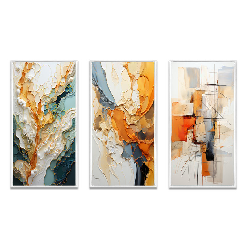 Orange White Line Art Abstraction on Canvas, White Floater Framed, 28" H x 36" W