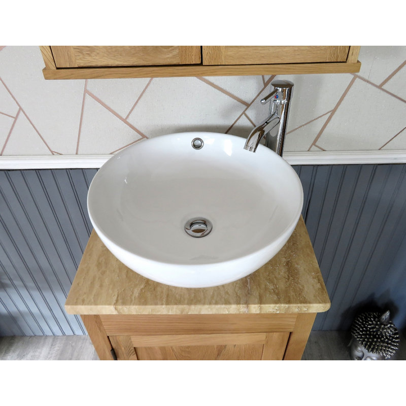 Slimline Compact 515mm Free-standing Cloakroom Vanity Unit, Oak, Cream Marble