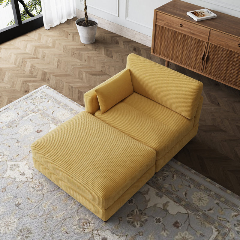 Chaise longue modulaire rembourrée en velours côtelé orange avec accoudoirs et coussins Bentura, Orange