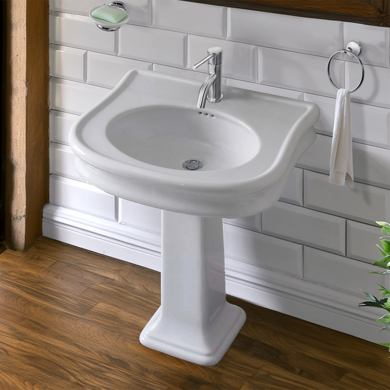 Isabella 34" White Ceramic Rectangular Pedestal Bathroom Sink with Overflow, 8" Centers