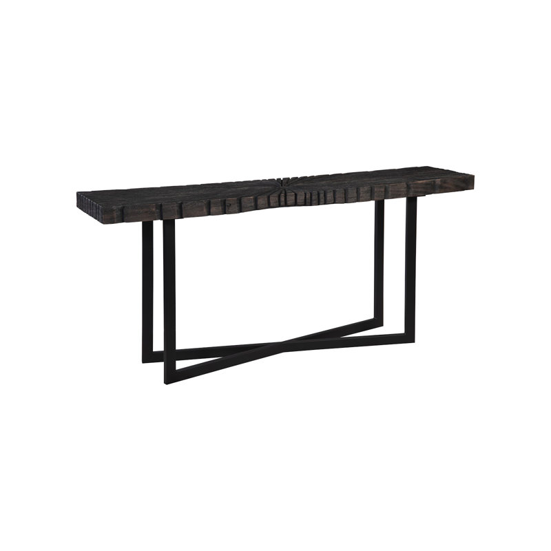 Chainsaw Console Table, Burnt Black, Black Iron Cross Base