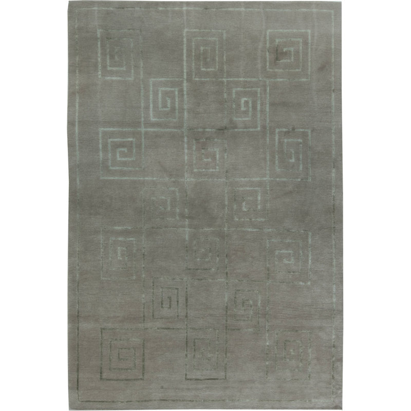 Tapis moderne en soie / laine bleu sarcelle / gris pâle 6 pi x 9 pi 4 po Modern