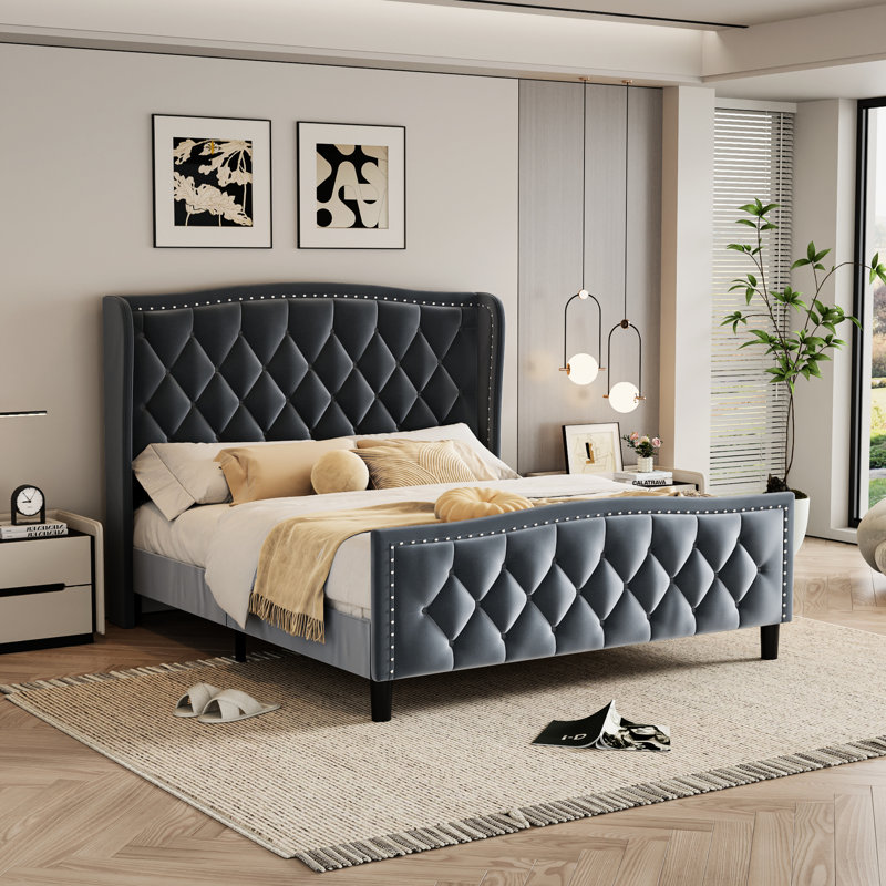 Structure de grand lit avec plateforme rembourrée moderne et tête de lit à oreilles - Velours gris, silencieux, assemblage facile, sommier tapissier moderne, installation silencieuse, pas besoin
