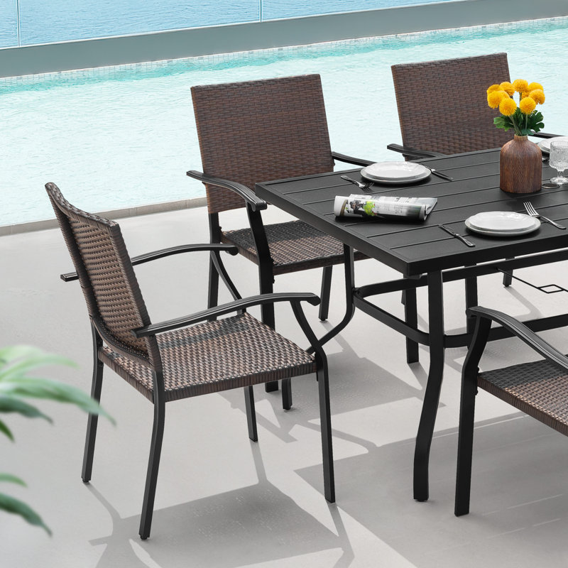 Suoa Patio 7-Piece Wicker Iron Dining Set with 1.57'' Umbrella Hole, Black, Rectangular, 6