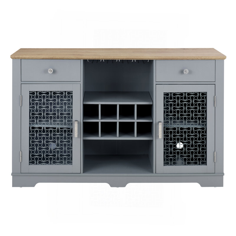 Modern Farmhouse Buffet Cabinet, Sideboard With 2 Drawers And Elegant Glass Door Cabinets, Wine And Glass Rack, Coffee Bar For Kitchen, Dining Room, Light Blue And Light Oak