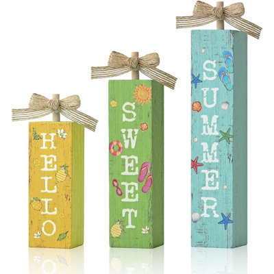 3 Pcs Wooden Summer Indoor Decorations, Rustic Farmhouse “hello Sweet Summer” Table Block Signs For Tiered Tray, Kitchen, Shelf, Home & Party Decoration