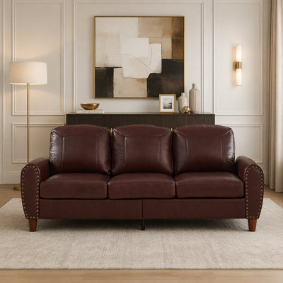 Burgundy 3-Seater Faux Leather Sofa with Rolled Arms and Brass Rivets