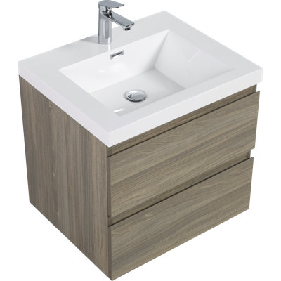 Meuble-lavabo flottant avec lavabo en résine, armoire de rangement murale, tiroirs à fermeture en douceur, finition gris cendré