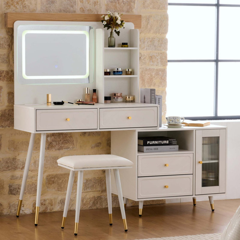 Modern Adjustable Makeup Vanity Desk with LED Mirror & Lights, Retractable Dressing Table with Storage Drawers Cabinet & Built-in Power Outlet for Bedroom