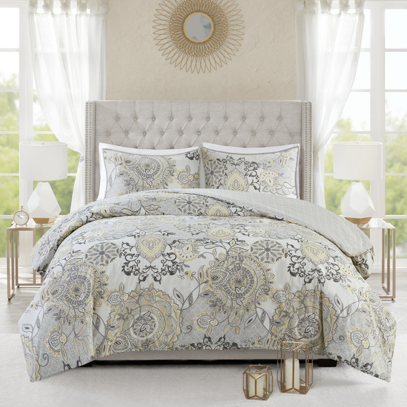 Isla 3 Piece Reversible Cotton Floral Duvet Set, King/Cal. King Duvet Cover + 2 King Shams, Yellow
