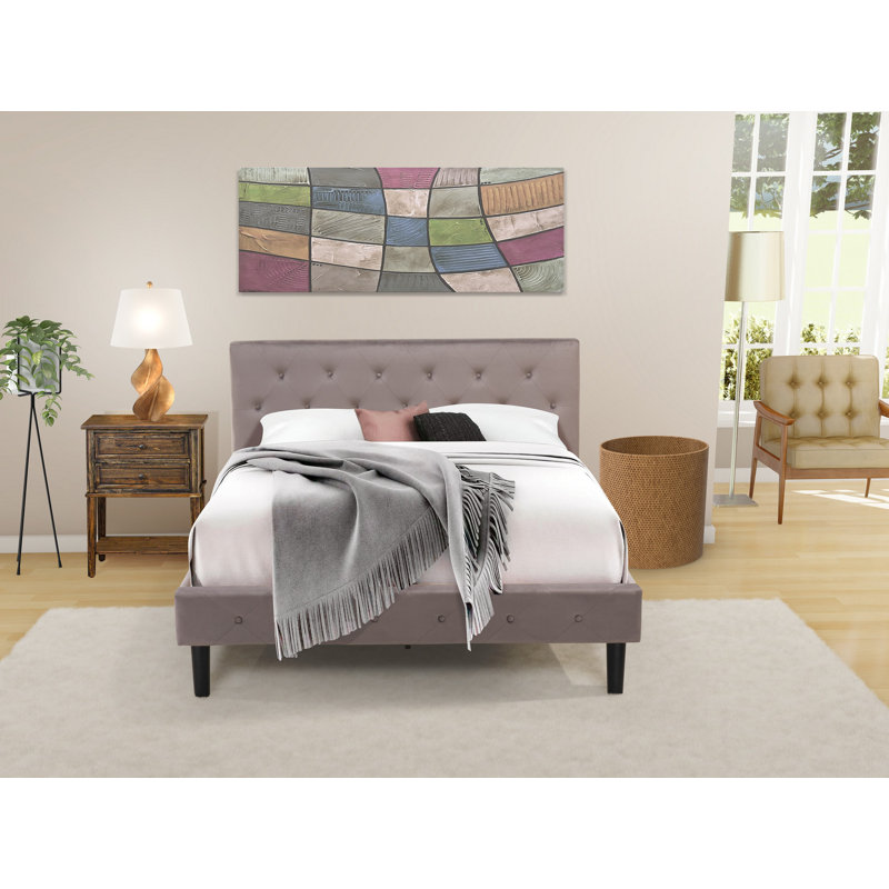 Ensemble de lit pour grand lit 2 pièces - Base de lit capitonnée à boutons - Tête de lit tapissier en velours taupe brun et table de chevet à finition jacobine patinée