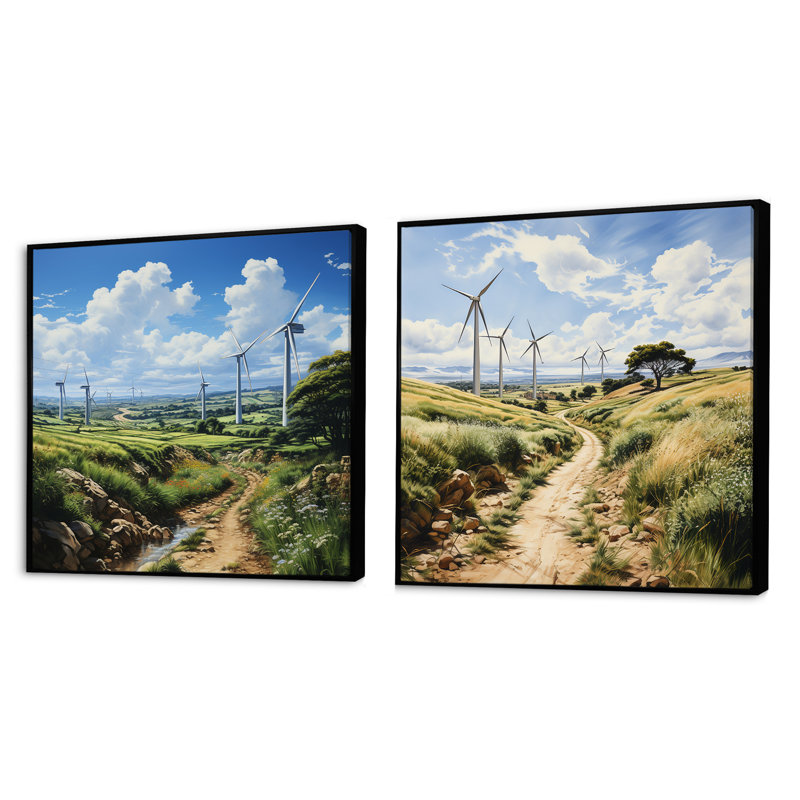 "Dessin d'une éolienne" - 2 pièces, Cadre flottant noir, H 16 po x l 33 po