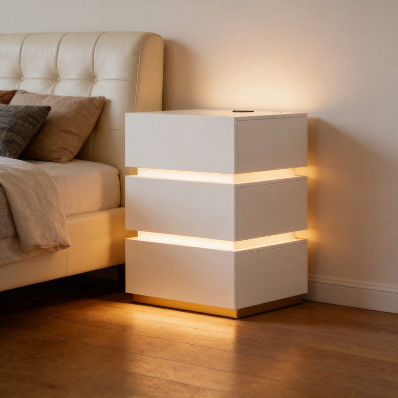 3-Drawer Smart Nightstand with LED  Light, White
