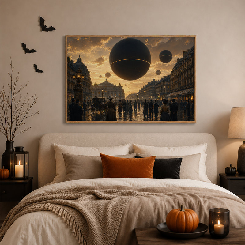 Sphères noires géantes surplombant une ville victorienne animée - Toile murale d'Halloween, H 32 po x l 48 po