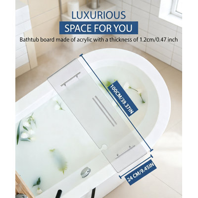 Plateau de baignoire en acrylique transparent de 90 cm avec porte-livres et porte-bouteilles