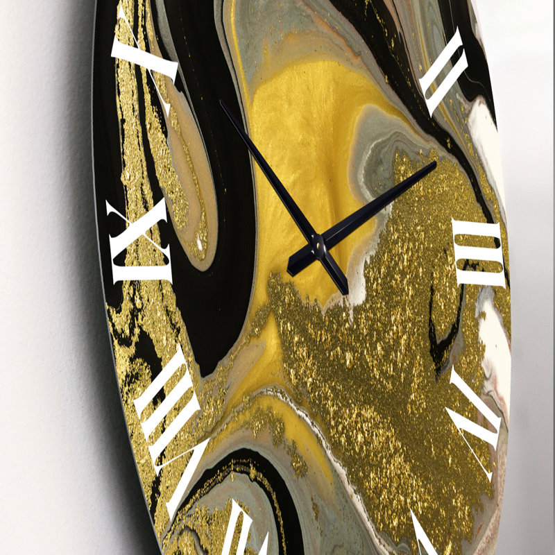 Or et noir marbré texture ondulée I - horloge murale moderne, Surdimensionné