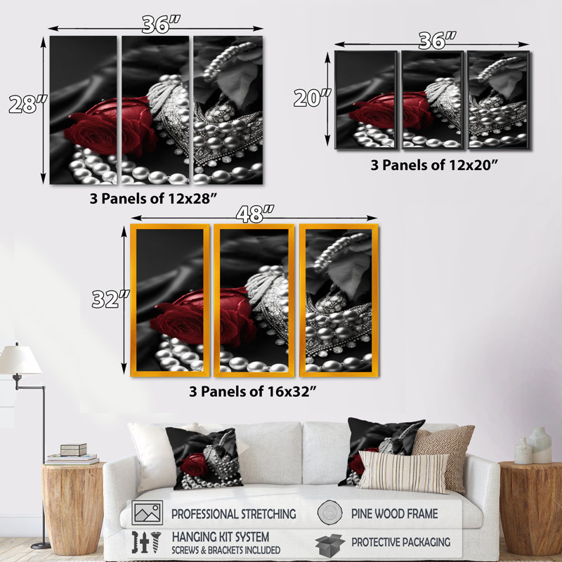 Accessoires rétro vintage en rouge et noir VI - 3 pièces sur toile, H 20 po x l 36 po x P 1 po, Toile encadrée noire