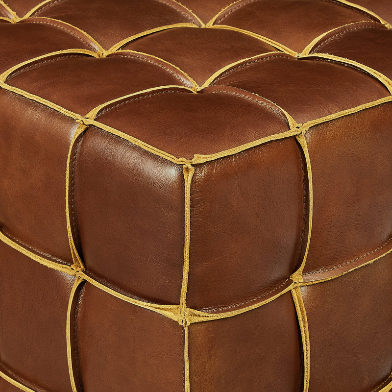 Genuine Leather Square Cube Ottoman Foot Stool, Dark Brown