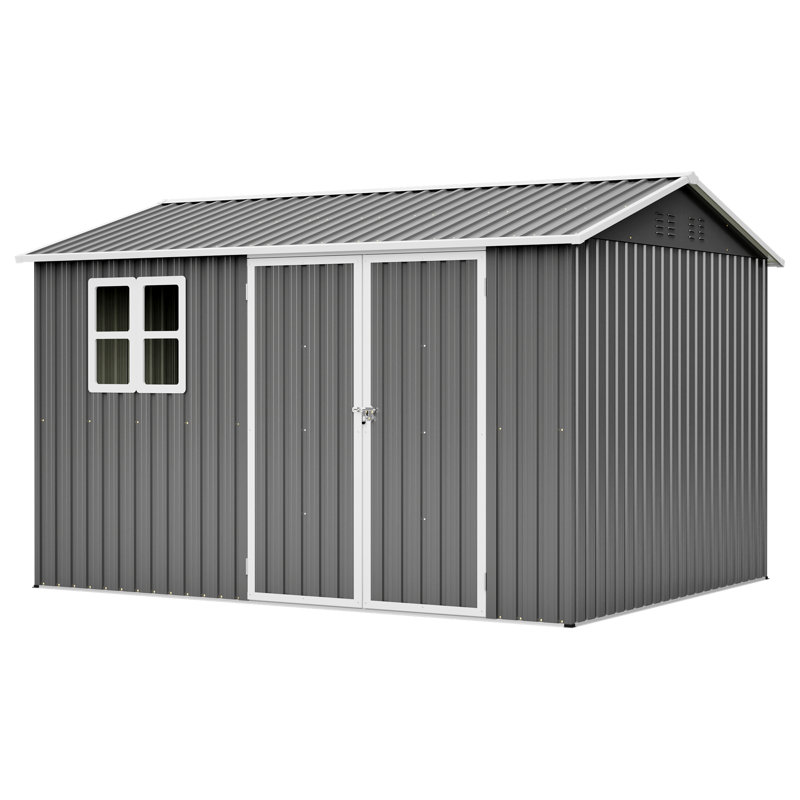 10'x8' Oversized Steel Storage Shed With Window, Lockable Doors & Sloped Roof, Heavy Duty Outdoor Tool Shed For Garden, Patio, Backyard, Lawn - Dark Gray