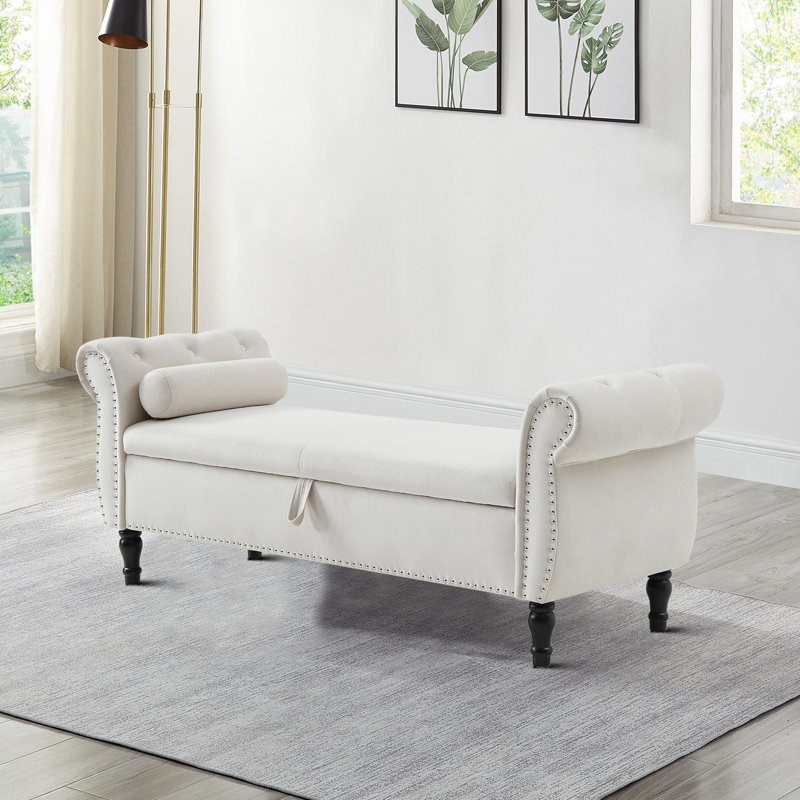 Velvet Upholstered Storage Bench, Beige