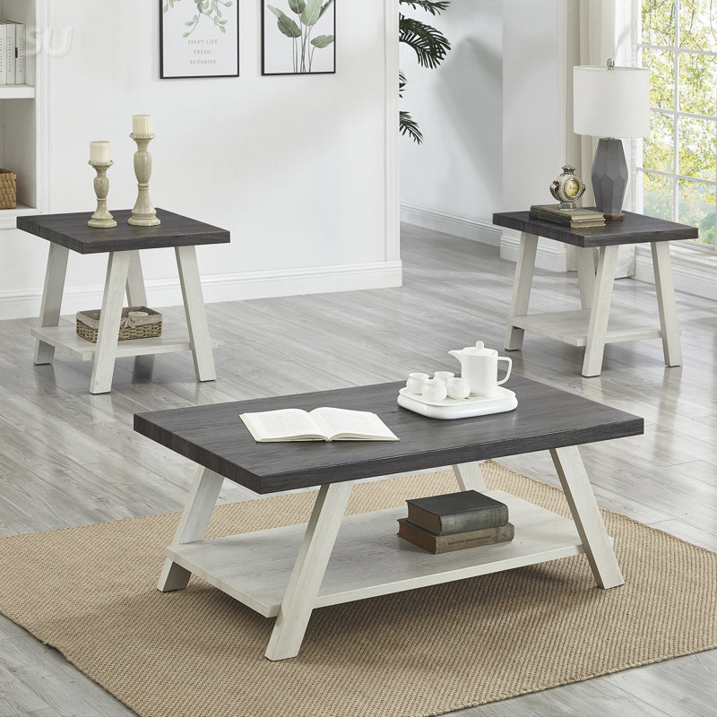 Ensemble de 3 tables basses contemporaines à tablette en bois gris anthracite et beige, pour un décor rustique ou moderne