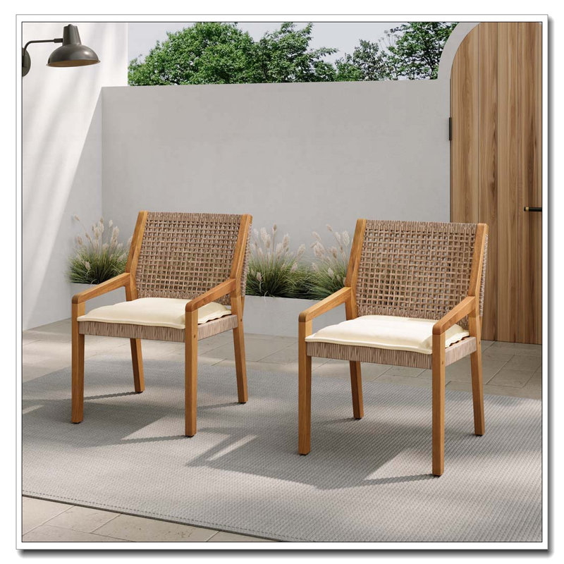 Ensemble de 2 chaises d'extérieur avec coussin en bois d'acacia, osier et crème